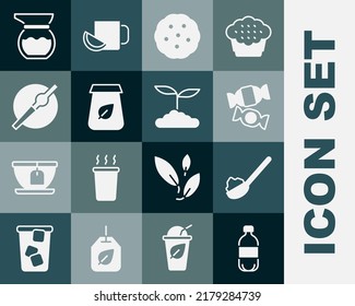 Set Bottle of water, Spoon with sugar, Candy, Cookie or biscuit, Tea packaging, Cigarette, Teapot and leaf icon. Vector