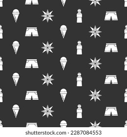 Set Bottle of water, Swimming trunks, Ice cream in waffle cone and Wind rose on seamless pattern. Vector