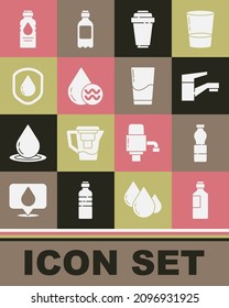 Set Bottle of water, Water tap, filter cartridge, Recycle clean aqua, Waterproof,  and Glass with icon. Vector
