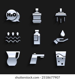 Set Flasche Wasser, Wasserhahn, Glas mit, Händewasch Seife, Krug Glas, Waves Verdunstung, Dusche und chemische Formel für H2O-Icon. Vektorgrafik