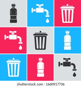 Set Bottle of water, Water tap and Trash can icon. Vector