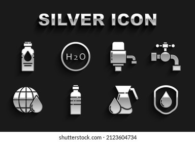 Set Bottle of water, Water tap, Waterproof, Jug glass with, Earth planet in drop, Mechanical pump for,  and Chemical formula H2O icon. Vector