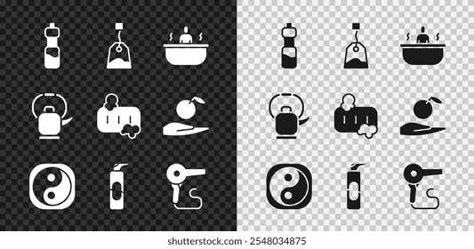 Conjunto de botella de agua, bolsa de té, bañera, Yin Yang, lata de aerosol para laca de pelo, secador de pelo, hervidor de agua con mango y barra de icono de espuma de jabón. Vector