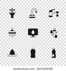 Set Bottle of water, Test tube with drop, Water location, tap, Fountain,  and Shower icon. Vector