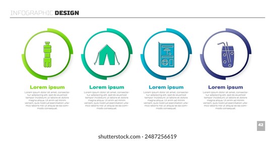 Set Bottle of water, Tourist tent, Travel brochure and Cocktail and alcohol drink. Business infographic template. Vector