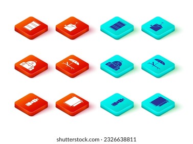 Set Bottle of water, Towel on hanger, Hiking backpack, Sunbed and umbrella, Sand bucket with shovel and Beach towel icon. Vector