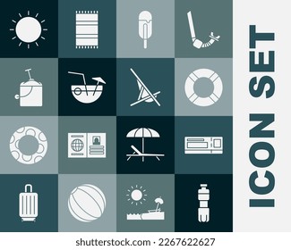 Set Bottle of water, Travel ticket, Lifebuoy, Ice cream, Coconut cocktail, Sand in bucket with shovel, Sun and Sunbed icon. Vector