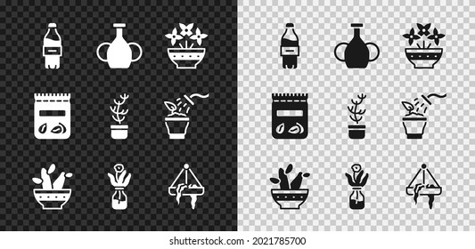 Set Bottle of water, Vase, Flower in vase, Cactus peyote pot, glass bottle, Plant hanging, Pack full seeds plant and Exotic tropical icon. Vector