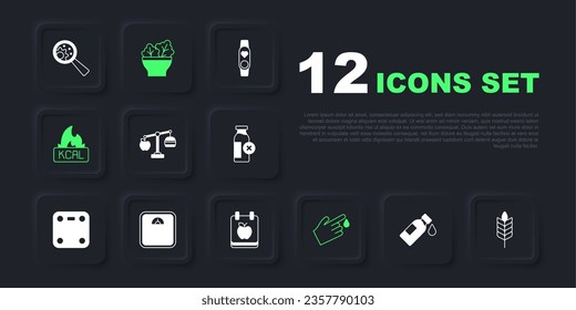 Set Botella de agua, Trigo, Calorie calculator, Finger blood, Kcal, báscula de baño, tazón de ensalada e icono del plan de dieta. Vector