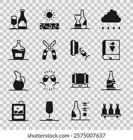 Set Bottle of wine, Book about grapes, Gardening scissors, Old bottle, Wine with glass and tasting, degustation icon. Vector