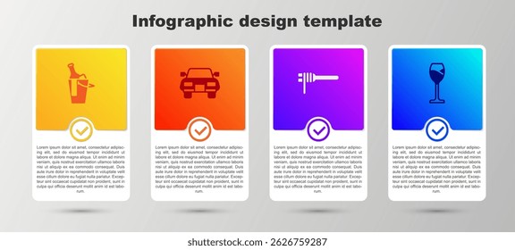 Set Bottle of wine in bucket, Car, Pasta spaghetti and Wine glass. Business infographic template. Vector