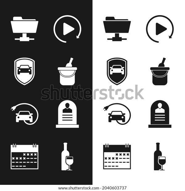 Set Bottle of wine in bucket, Car protection\
or insurance, FTP folder, Video play button, Electric car and\
Tombstone with RIP written icon.\
Vector