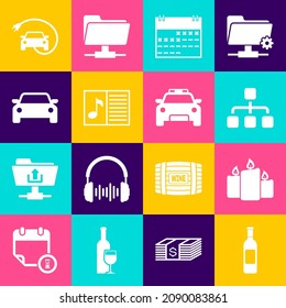 Set Bottle of wine, Burning candles, Hierarchy organogram chart, Calendar, Music book with note and Car icon. Vector