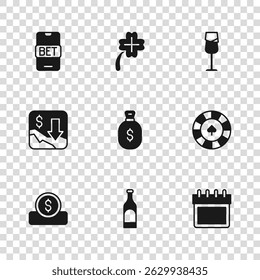 Set Bottle of wine, Casino chips, Calendar, Money bag, Wine glass, Online sports betting, slot machine with clover and Financial growth decrease icon. Vector - Powered by Shutterstock - Get 15% off with code: PIKWIZARD15