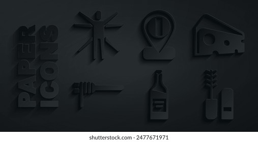 Set Botella de vino, Queso, Pasta spaghetti, Cepillo de rímel, Bandera de Locación Italia y Vitruvian Man icono. Vector