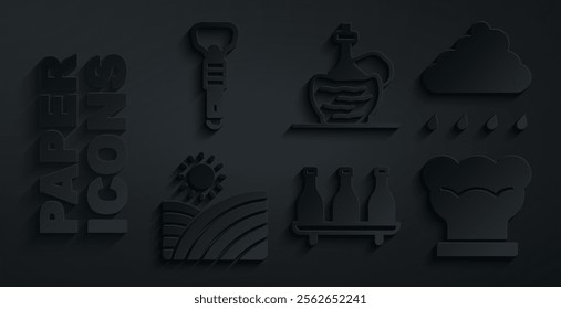 Set Bottle of wine, Cloud with rain, Vineyard grapes, Chef hat, Wine italian fiasco bottle and opener icon. Vector