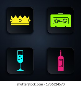 Set Bottle of wine , Crown , Glass of champagne  and Retro audio cassette tape . Black square button. Vector