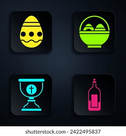 Set Bottle of wine, Easter egg, Christian chalice and Basket with easter eggs. Black square button. Vector