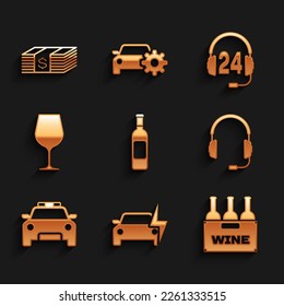 Set Bottle of wine, Electric car, Bottles box, Headphones with microphone, Police and flasher and Wine glass icon. Vector