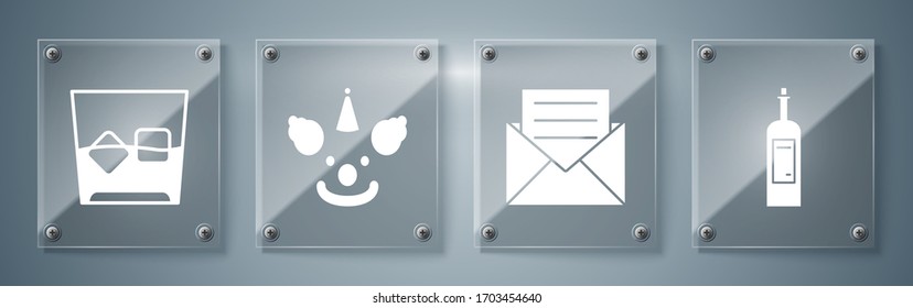 Set Botella de vino , Sobre con carta de invitación , Cabeza de Payaso y Vidrio de whisky y cubos de hielo . Paneles de vidrio cuadrado. Vector