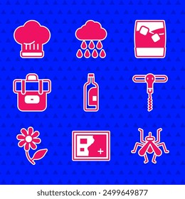 Set Bottle of wine, Folded map, Mosquito, Wine corkscrew, Flower, Hiking backpack, Glass whiskey with ice and Chef hat icon. Vector