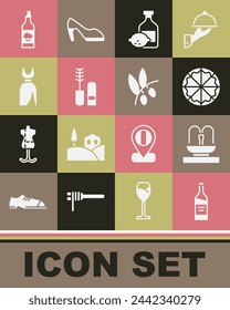 Set Bottle of wine, Fountain, Pizza, Limoncello bottle, Mascara brush, Woman dress, olive oil and Olives branch icon. Vector
