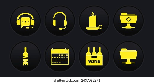 Set Bottle of wine, FTP sync refresh, Calendar, Bottles box, Burning candle candlestick and Headphones with microphone icon. Vector