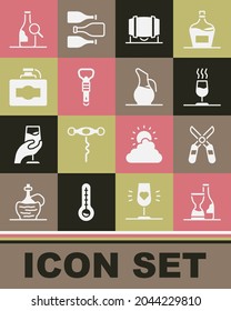 Set Botella de vino, tijeras de jardinería, degustación de vinos, degustation, barril de madera para, abridor, caja de cartón e icono Decanter. Vector