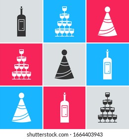 Set Bottle of wine , Wine glasses stacked in a pyramid tower  and Party hat  icon. Vector