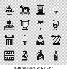 Set Flasche Wein, Harfe, alte Amphoren, Dekret, Pergament, Schriftrolle, Leier, griechische Trireme, gebrochen und mittelalterliche Axt-Ikone. Vektor