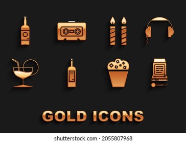 Set Bottle of wine, Headphones, Karaoke, Popcorn cardboard box, Martini glass, Birthday cake candles, Beer bottle and Retro audio cassette tape icon. Vector