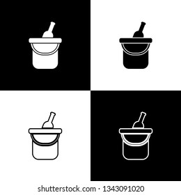 Set Bottle of wine in an ice bucket icons isolated on black and white background. Line, outline and linear icon. Vector Illustration