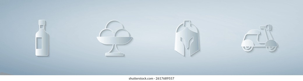 Set Bottle of wine, Ice cream the bowl, Roman army helmet and Scooter. Paper art style. Vector