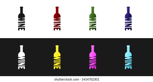 Set Bottle of wine icon isolated on black and white background. Lettering bottle of wine. Vector Illustration