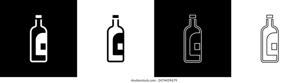 Set Bottle of wine icon isolated on black and white background.  Vector