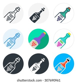 Set of bottle of wine icons in different styles isolated on white background.