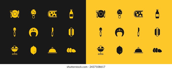 Set Bottle of wine, Lemon, Knife, Covered with tray food, Fish steak, Cheese, Plate, fork and knife and Fly agaric mushroom icon. Vector