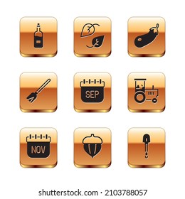 Set Bottle of wine, November calendar autumn, Acorn, September, Handle broom, Eggplant, Shovel and Leaf icon. Vector