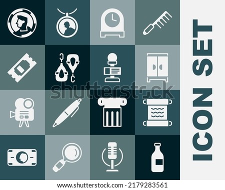 Set Bottle of wine, Papyrus scroll, Wardrobe, Antique clock, Earrings, Cinema ticket, Ancient coin and Microphone icon. Vector