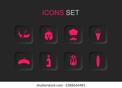 Set Bottle of wine, Roman army helmet, Gondola boat, Scooter, Ice cream waffle, French baguette bread, Italian cook and beret icon. Vector
