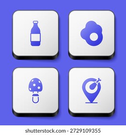 Conjunto Botella de vino, huevo revuelto, seta agárica mosca y icono de pierna de pollo. Botón cuadrado blanco. Vector