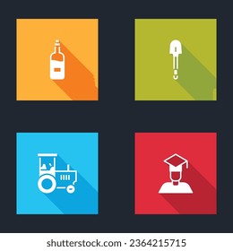 Set Bottle of wine, Shovel, Tractor and Graduate and graduation cap icon. Vector