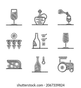 Set Bottle of wine, Wine temperature, Tractor, glass, Cheese, Drying grapes, tasting, degustation and  icon. Vector