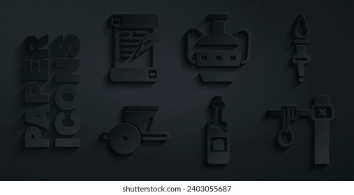 Set Botella de vino, Llama de la antorcha, Carro antiguo, Hormigas, Ambulante y Decreto, pergamino, icono de pergamino. Vector