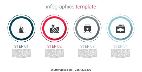 Set Bottle of wine, Vineyard grapes, Fermentation and Cardboard box. Business infographic template. Vector