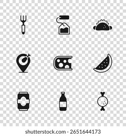 Set Bottle of wine, Watermelon, Chicken leg, Cheese, Taco with tortilla, Fork, Tea bag and  icon. Vector