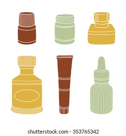 Set of bottled art materials for drawing on the white background. Hand drawn vector illustrations of art supplies