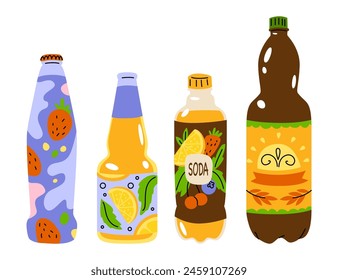 Set of bottled drinks. Carbonated water, juices, alcoholic drinks in glass and plastic bright packaging. Vector illustration isolated on transparent background.