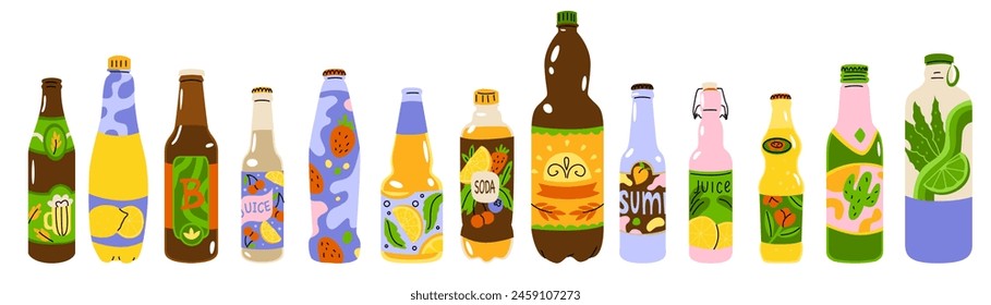 Set of bottled drinks. Carbonated water, juices, alcoholic drinks in glass and plastic bright packaging. Refreshing drinks for a party. Vector illustration isolated on transparent background.
