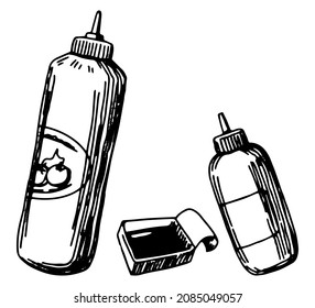 Set of bottled sauces. Collection of fast food sketches. Hand drawn vector illustration in retro style. Outline cliparts isolated on white background.